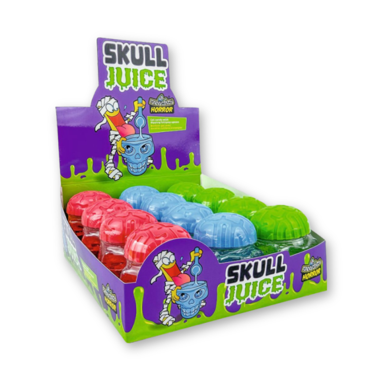 Présentoir de Skull Juice Funny Candy, bonbons gélifiés en têtes de mort colorées rouge, bleu et vert spécial Halloween.