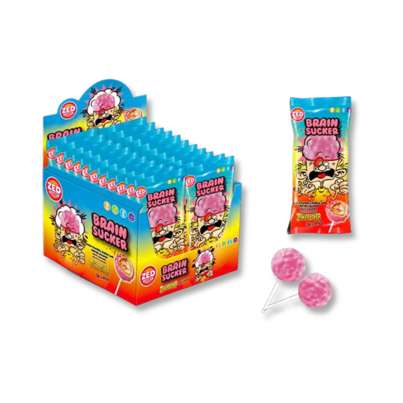 Sucettes Brain Sucker au look cérébral effrayant, goût fruité acidulé, idéales pour Halloween et soirées fun.
