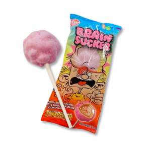Sucette Brain Sucker géante, goût fruité acidulé avec cœur bubble gum, fun et parfaite pour Halloween.
