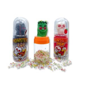 Sucettes Monsterz Pop avec têtes monstrueuses et billes fruitées craquantes, idéales pour Halloween et fêtes amusantes. 🍭👹